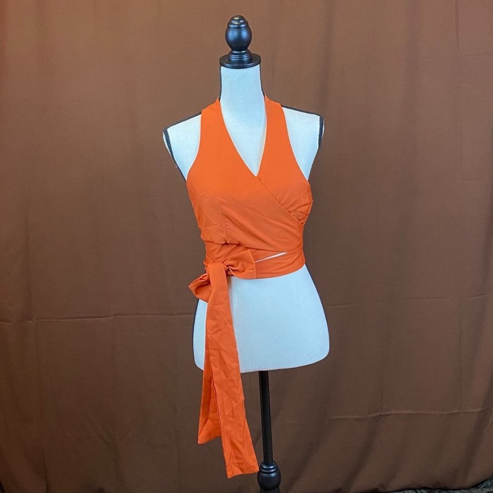 Orange co ord halter neck wrap crop top